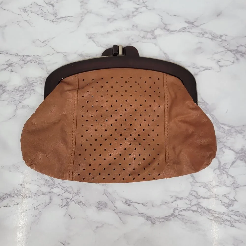 John Wind 70s Vintage Brown Perforated Leather Clutch Framed Kisslock Kiss Lock